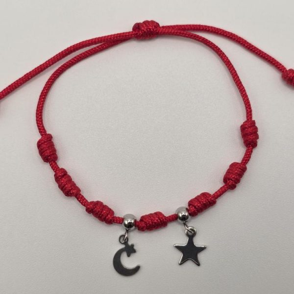 PULSERA 7 NUDOS DOBLE DIJE LUNA-ESTRELLA ACERO
