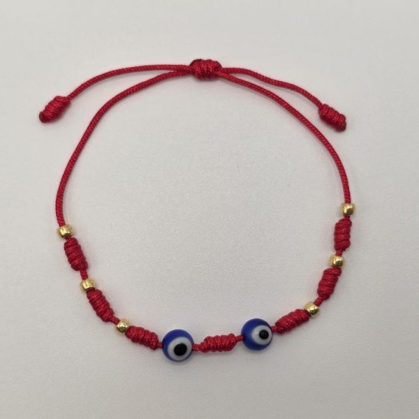 PULSERA 7 NUDOS DOBLE OJO TURCO BOLITAS DORADAS