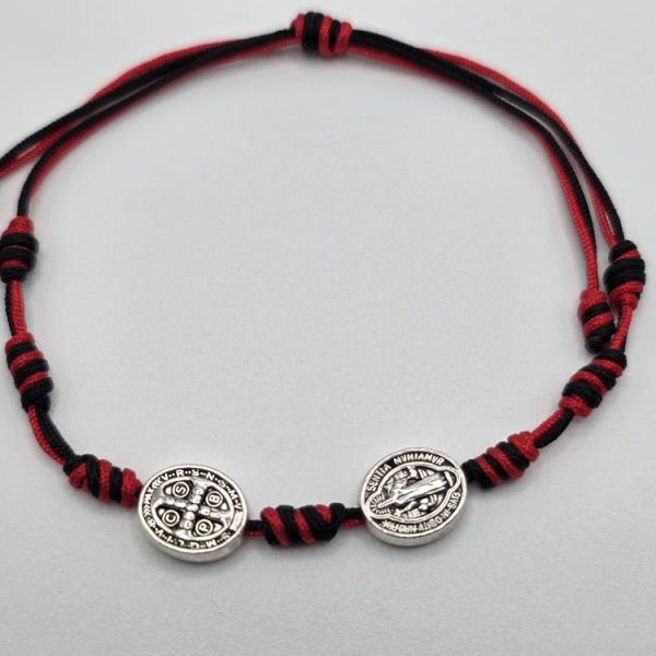 Pulsera 7 Nudos Roja-Negra con Medallas San Benito