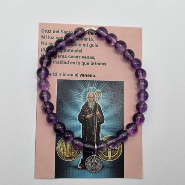 Pulsera Amatista con San Benito Plata de Ley