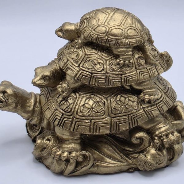 Figura Tortuga Triple de la Suerte Resina Dorada