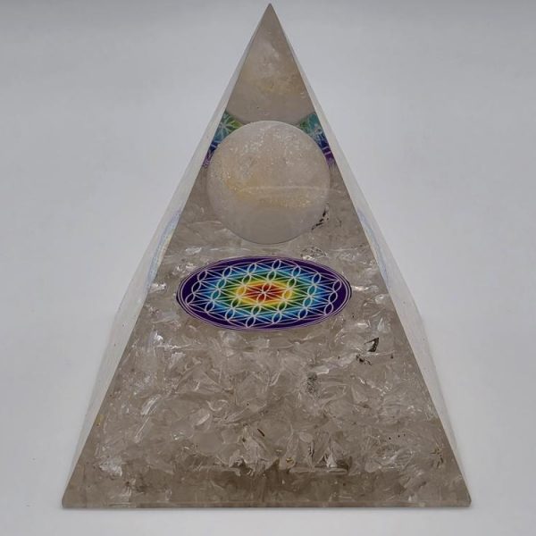 Pirámide Orgonita Cuarzo Blanco Esfera y Metatrón