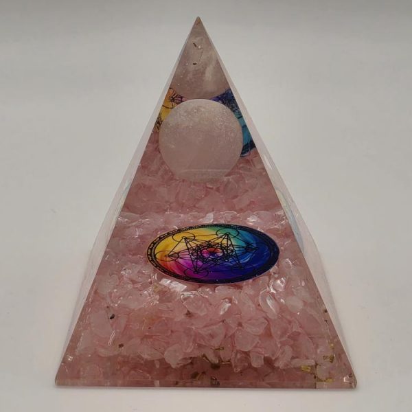 Pirámide Orgonita Cuarzo Rosa Esfera y Metatrón