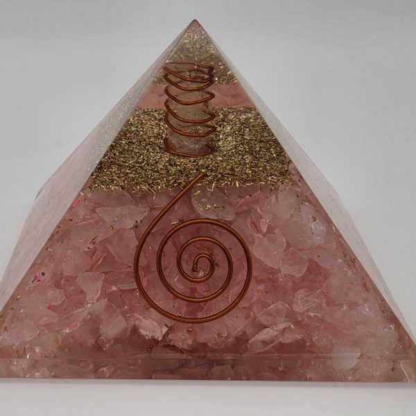 Pirámide Orgonita Cuarzo Rosa con Espiral de Cobre