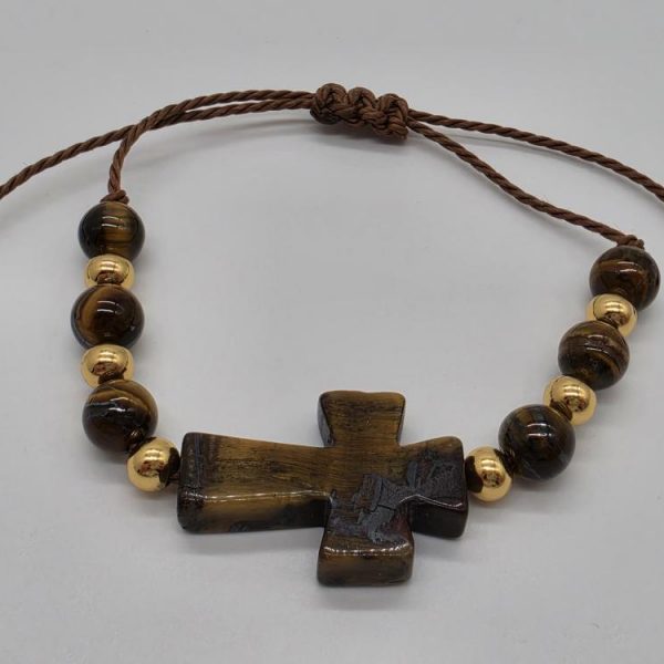 Pulsera Cruz Ojo de Tigre Bola 8mm Ajustable