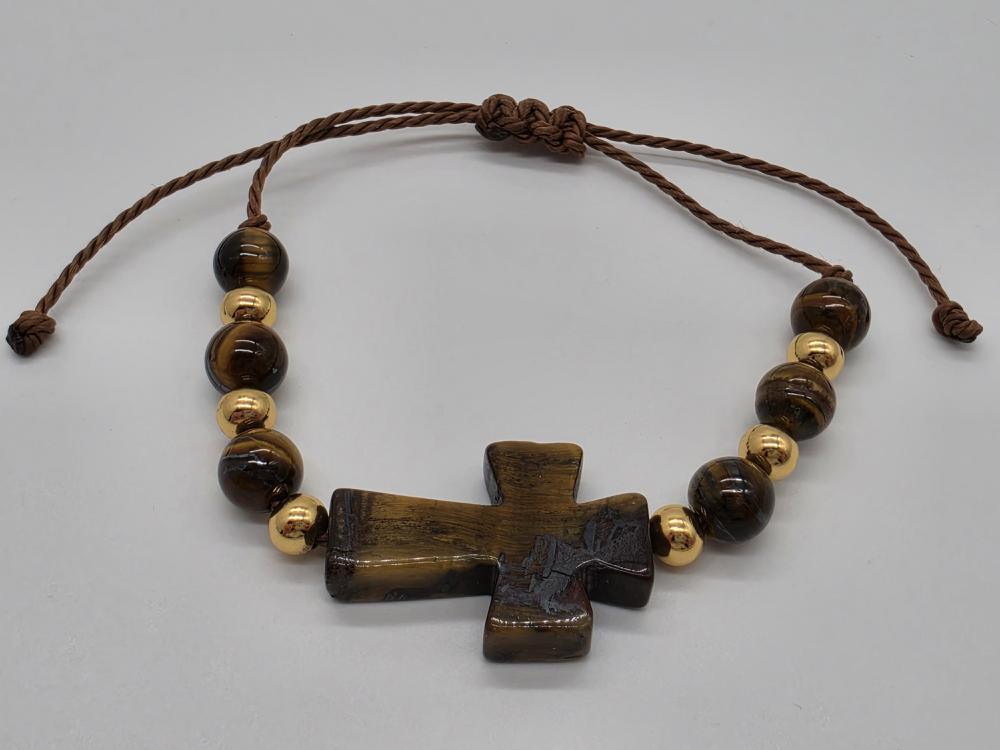 Pulsera Cruz Ojo de Tigre Bola 8mm Ajustable
