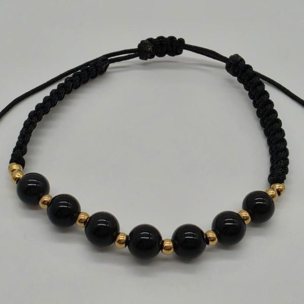 Pulsera Obsidiana Dorada Bola 6mm Ajustable Acero